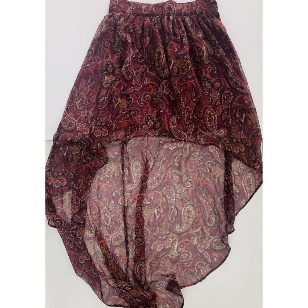 Red high/low chiffon paisley skirt.